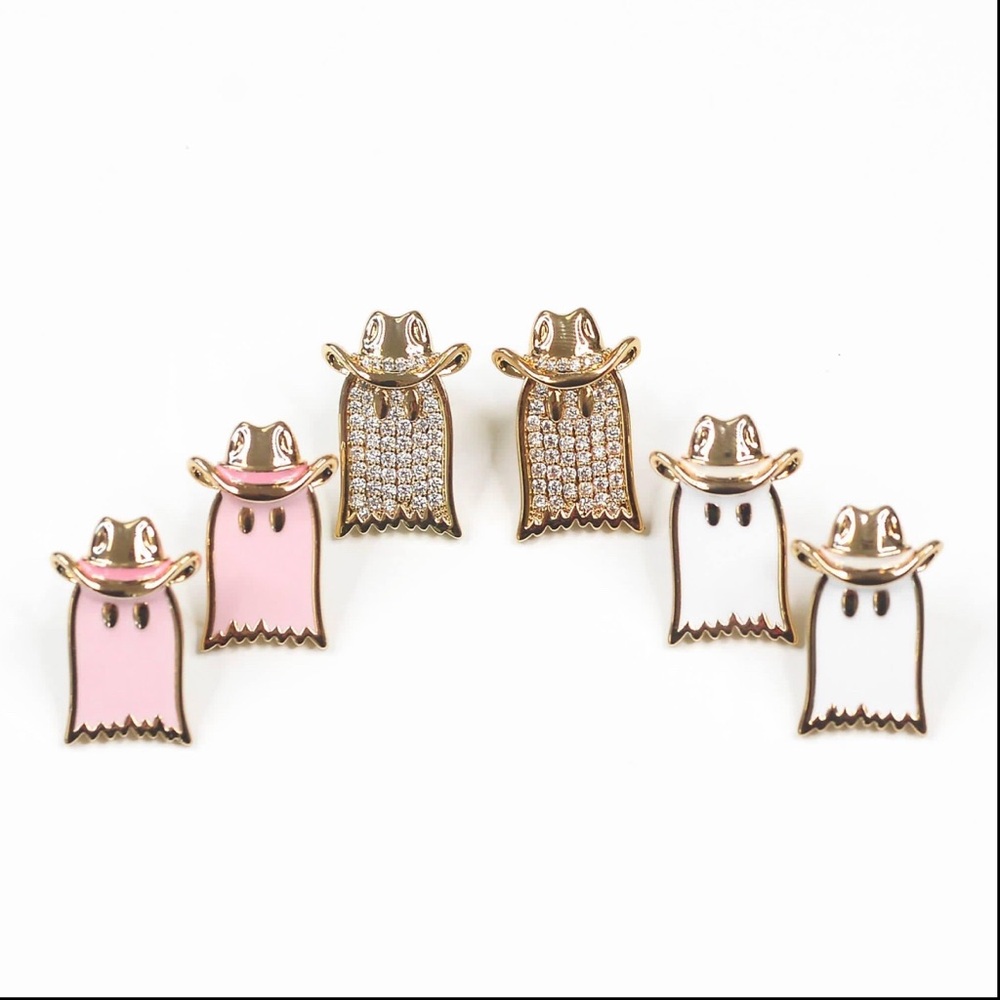 Ghosty Cowboy Stud Earrings ~ Pink, White, Gold